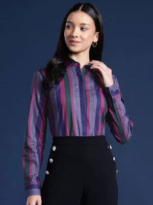 Women Green & Purple Stripes Pure Cotton Formal Shirt