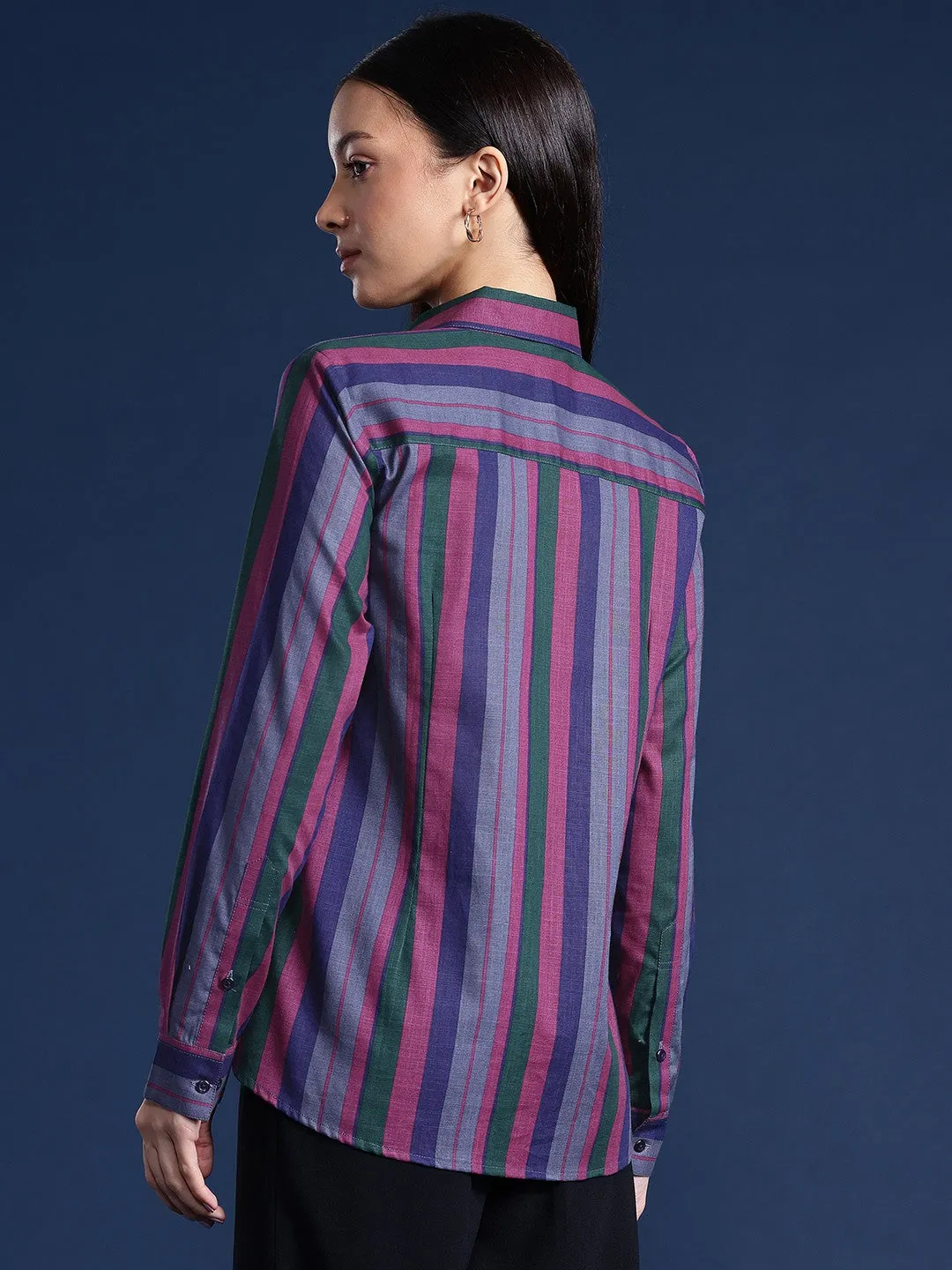 Women Green & Purple Stripes Pure Cotton Formal Shirt