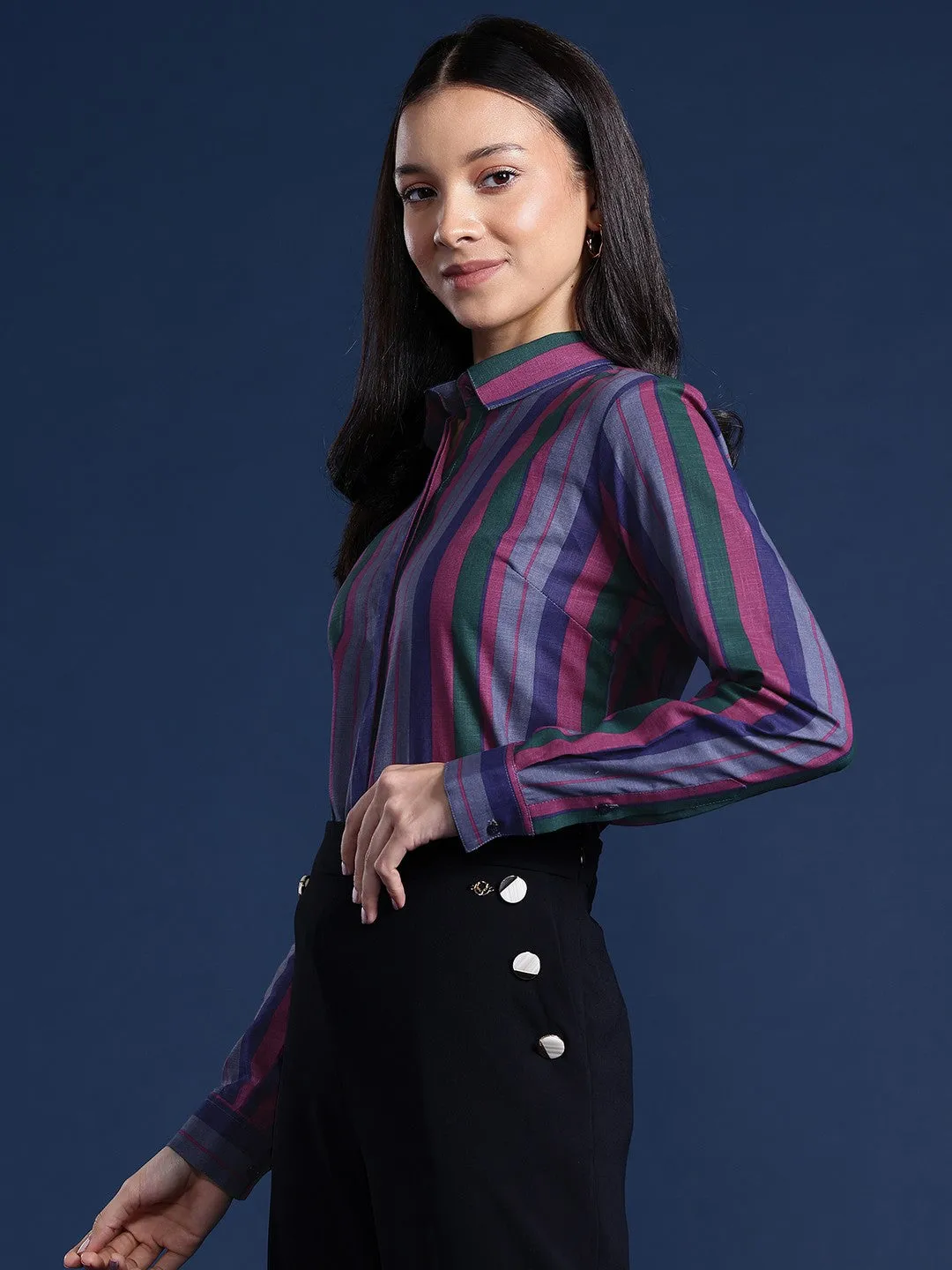 Women Green & Purple Stripes Pure Cotton Formal Shirt