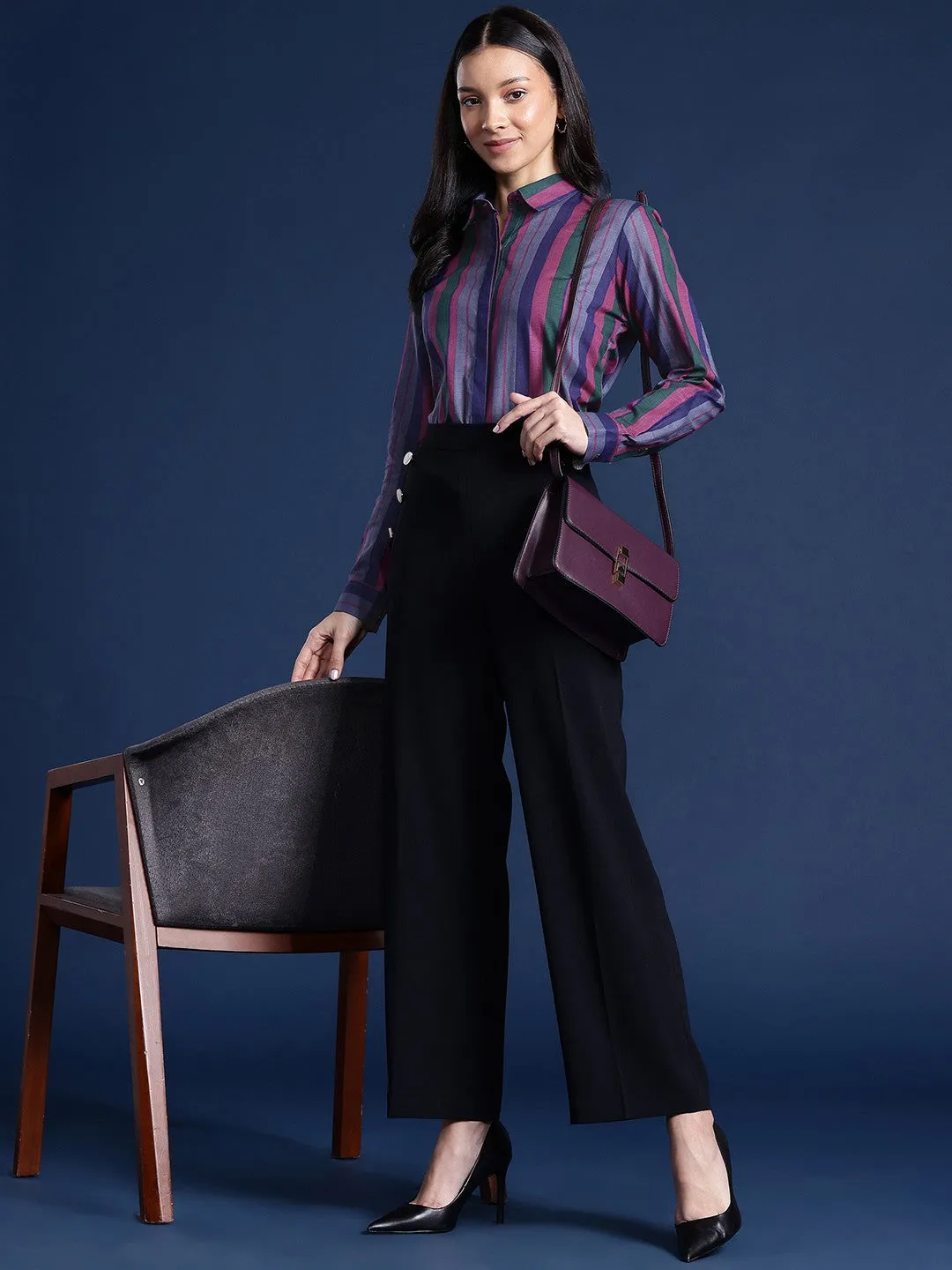Women Green & Purple Stripes Pure Cotton Formal Shirt