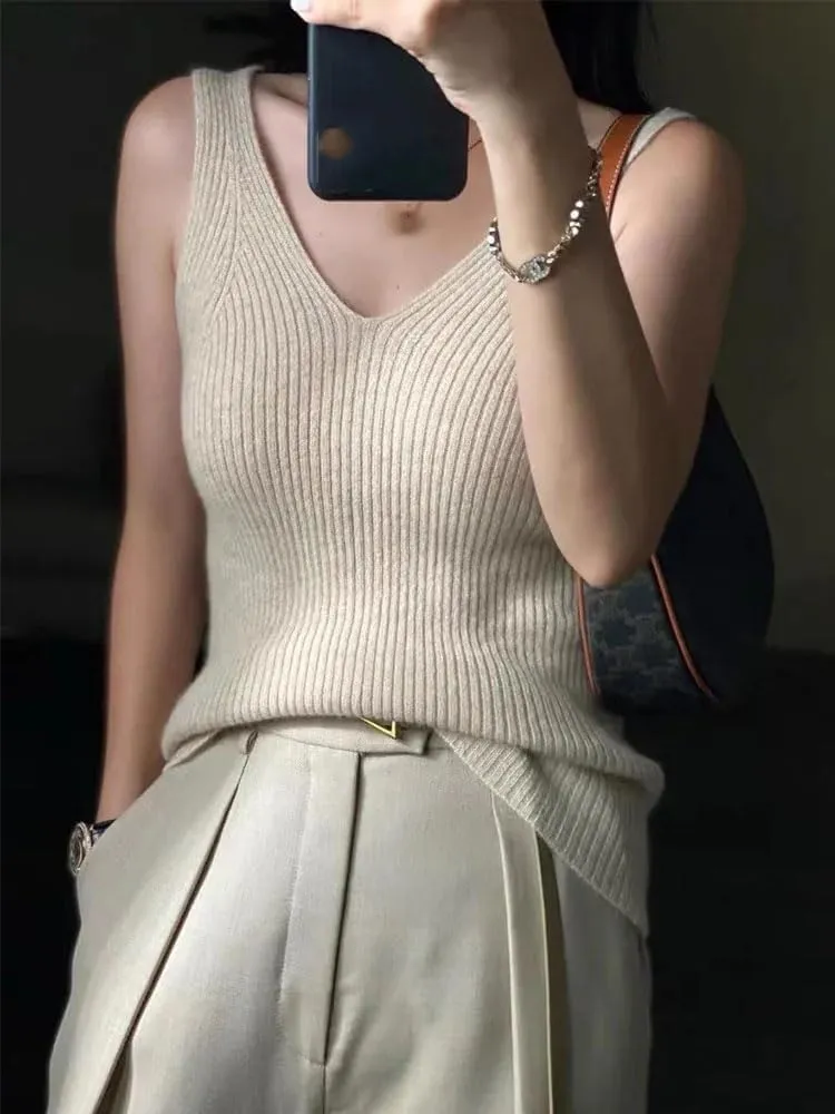 Women High Strecth Camisole V-Neck Tank Sleeveless Shirt Knitted Wear Slim Vest
