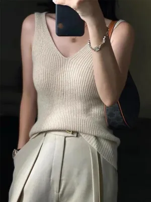 Women High Strecth Camisole V-Neck Tank Sleeveless Shirt Knitted Wear Slim Vest
