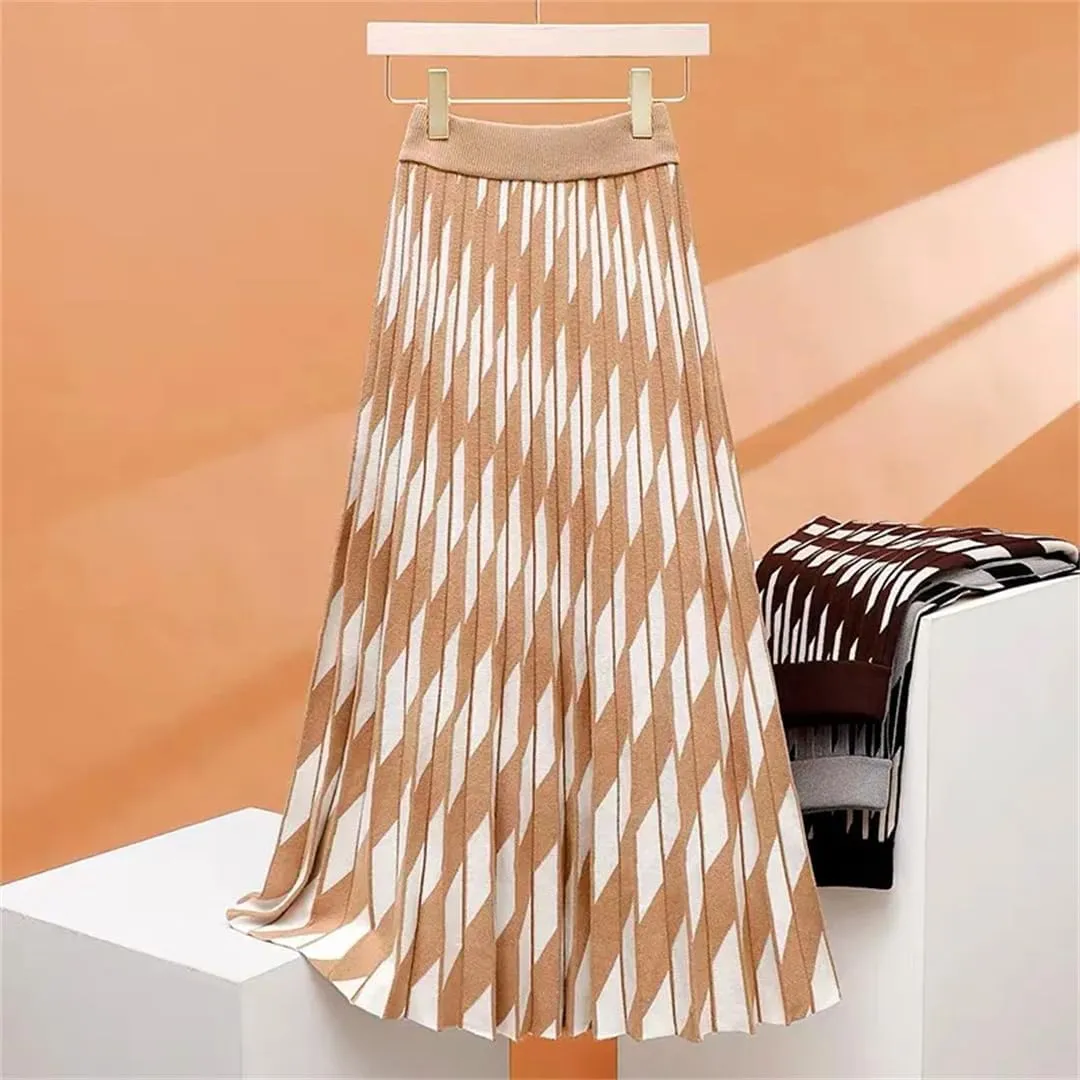 Women Plaid Print Knit Long Skirt Vintage High Waist A Line Pleated Midi Skirts