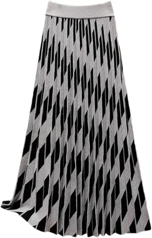 Women Plaid Print Knit Long Skirt Vintage High Waist A Line Pleated Midi Skirts