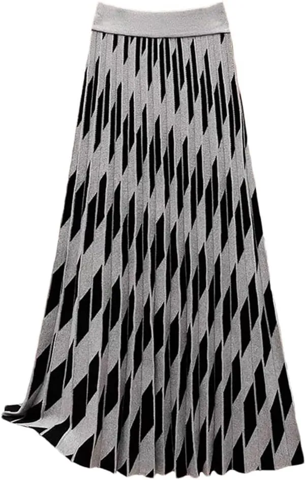 Women Plaid Print Knit Long Skirt Vintage High Waist A Line Pleated Midi Skirts