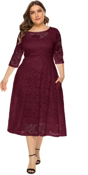 Women Plus Size Summer Dresses Lace Round Neck Midi Party Wedding Dresses