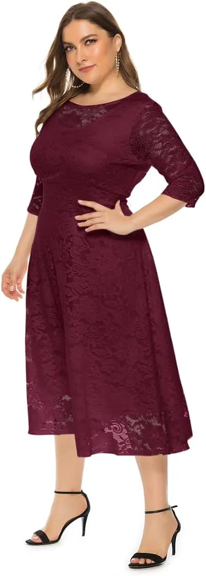 Women Plus Size Summer Dresses Lace Round Neck Midi Party Wedding Dresses