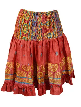 Women Short Ruffle Skirt, Red Rose Beach Recycle Silk Skirts S/M