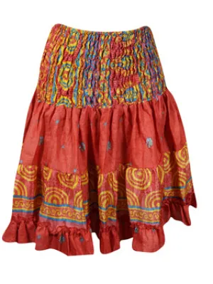 Women Short Ruffle Skirt, Red Rose Beach Recycle Silk Skirts S/M