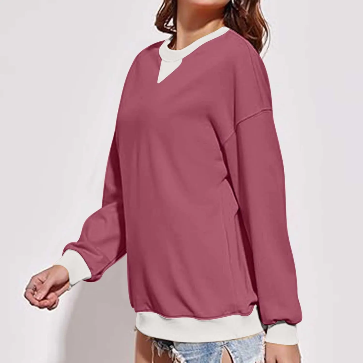 Womens Colorblock Shirt Casual Crew Neck Sweatshirt Fall Long Sleeve Sweatshirt Loose Fitting Tunic Tops Blouse