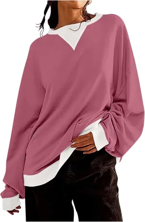 Womens Colorblock Shirt Casual Crew Neck Sweatshirt Fall Long Sleeve Sweatshirt Loose Fitting Tunic Tops Blouse