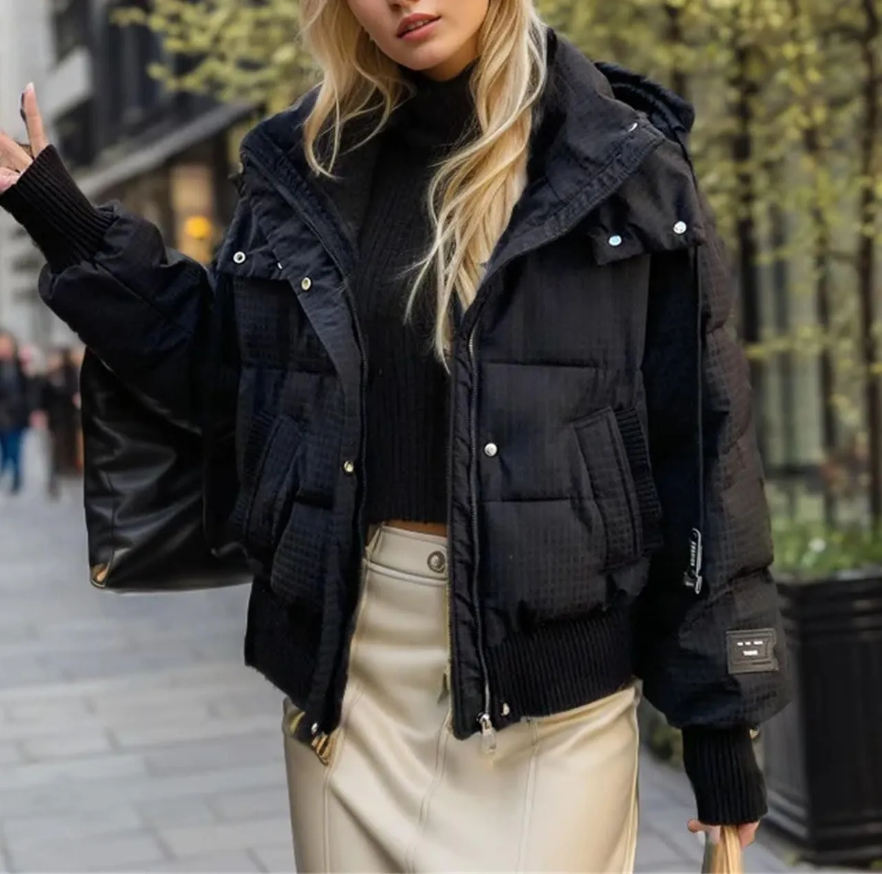 Women's Drawstring Hooded Cotton-Padded Jacket Casual Threaded Splicing Short Parka Coat