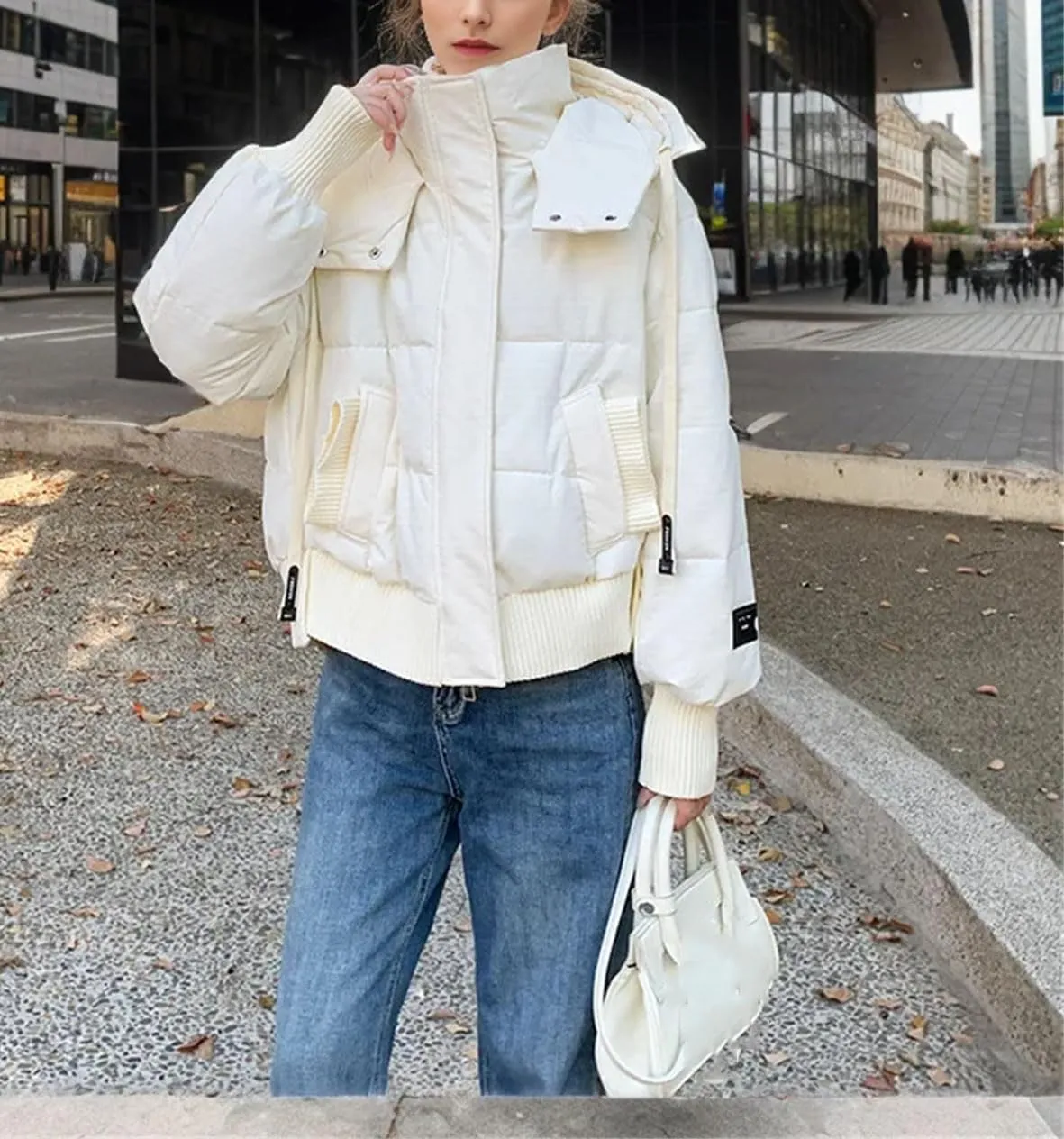 Women's Drawstring Hooded Cotton-Padded Jacket Casual Threaded Splicing Short Parka Coat