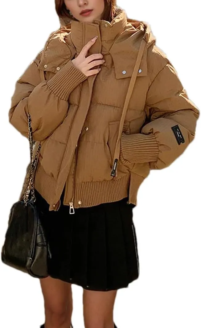Women's Drawstring Hooded Cotton-Padded Jacket Casual Threaded Splicing Short Parka Coat