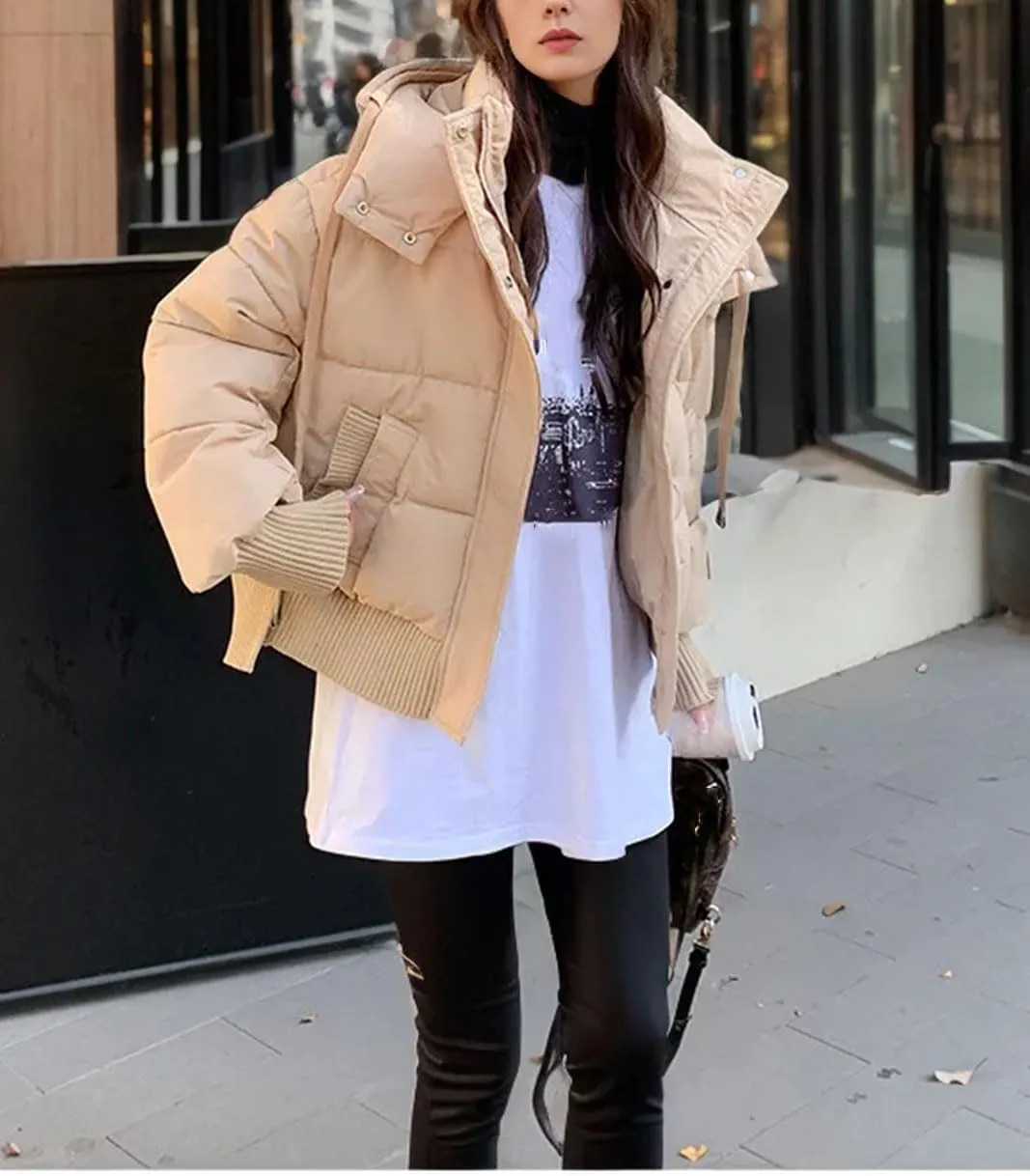 Women's Drawstring Hooded Cotton-Padded Jacket Casual Threaded Splicing Short Parka Coat