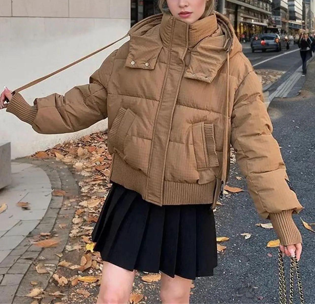 Women's Drawstring Hooded Cotton-Padded Jacket Casual Threaded Splicing Short Parka Coat