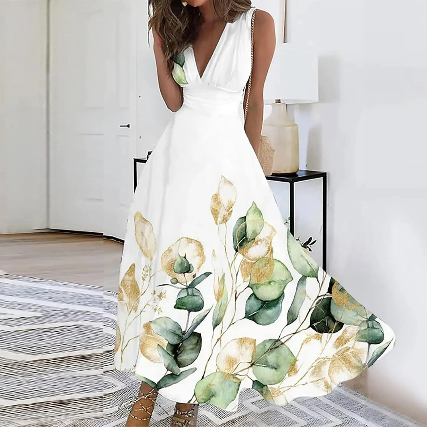 Womens Dresses Flowy Ruched Floral Print Boho Dress Wrap V Neck Sleeveless Sundress Elegant Beach Dresses
