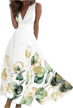 Womens Dresses Flowy Ruched Floral Print Boho Dress Wrap V Neck Sleeveless Sundress Elegant Beach Dresses