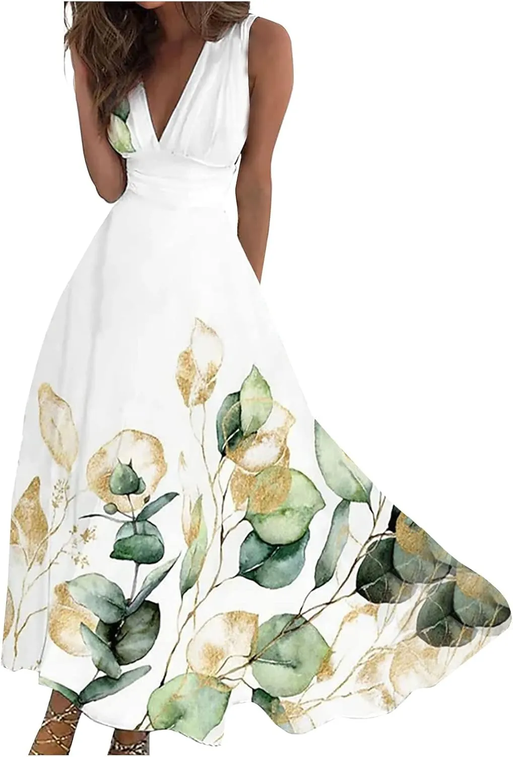 Womens Dresses Flowy Ruched Floral Print Boho Dress Wrap V Neck Sleeveless Sundress Elegant Beach Dresses