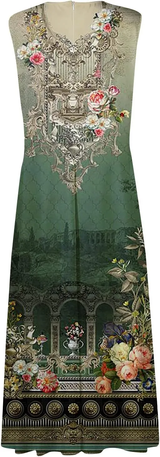 Womens Dresses Flowy Ruched Floral Print Sundresses Wrap V Neck Sleeveless Maxi Dress Elegant Beach Dresses