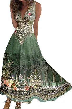 Womens Dresses Flowy Ruched Floral Print Sundresses Wrap V Neck Sleeveless Maxi Dress Elegant Beach Dresses