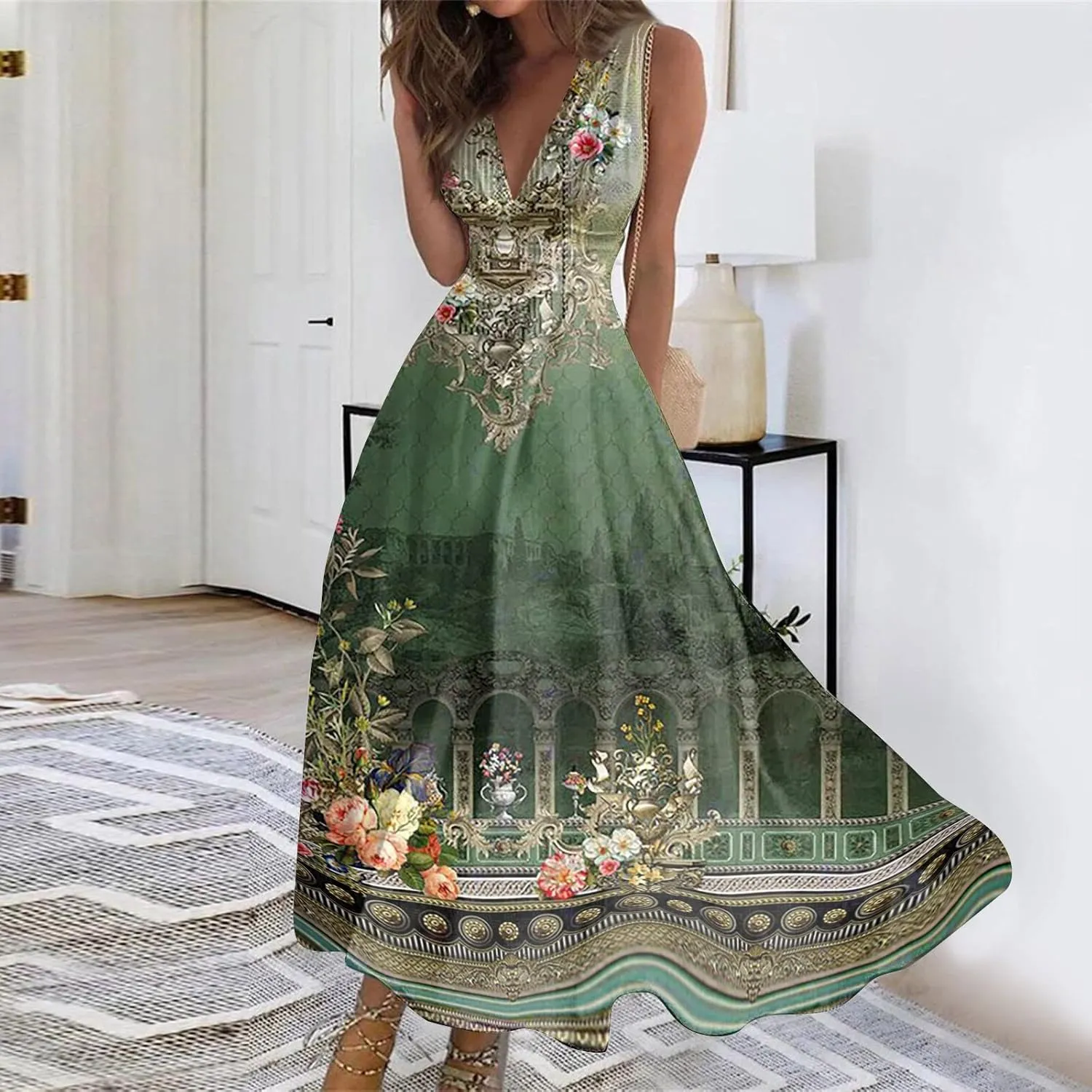 Womens Dresses Flowy Ruched Floral Print Sundresses Wrap V Neck Sleeveless Maxi Dress Elegant Beach Dresses