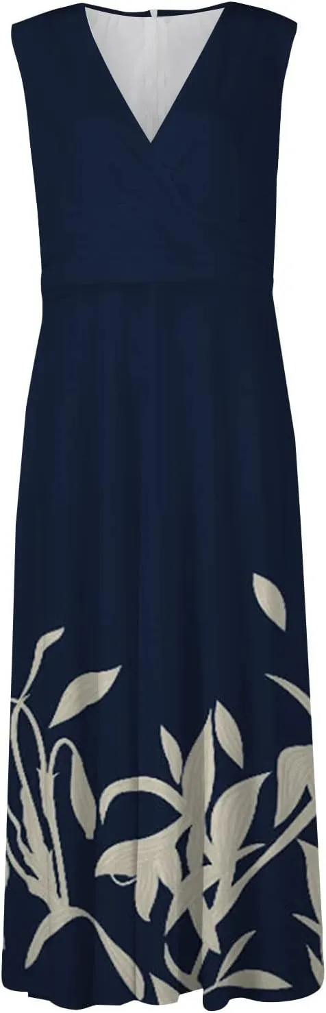 Womens Dresses Wrap V Neck Floral Print Beach Dresses Sleeveless Flowy Ruched Maxi Dress Elegant Sundress
