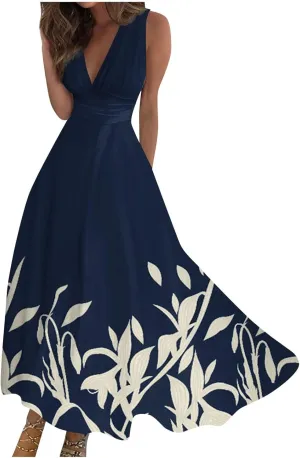 Womens Dresses Wrap V Neck Floral Print Beach Dresses Sleeveless Flowy Ruched Maxi Dress Elegant Sundress