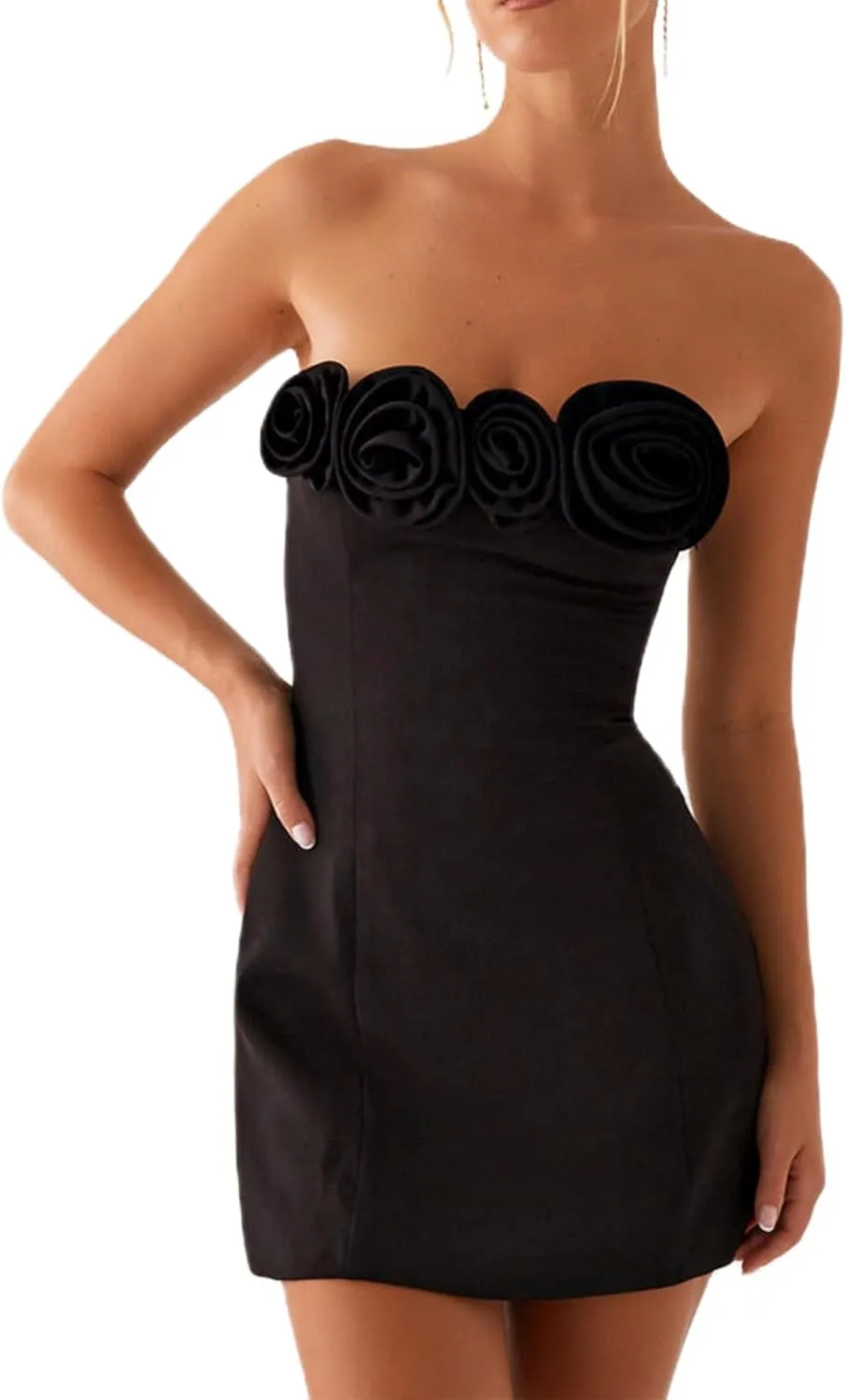 Women's Elegant Strapless Tube Ruched Bodycon 3D Floral Tassels Mini Dress Party Cocktail Dresses