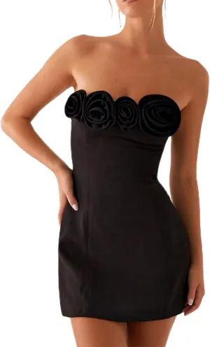 Women's Elegant Strapless Tube Ruched Bodycon 3D Floral Tassels Mini Dress Party Cocktail Dresses