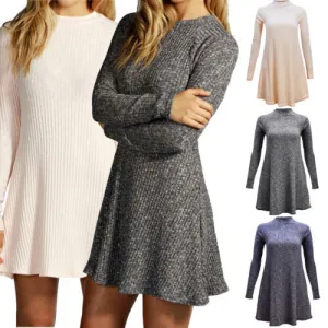 Women's Fashion Knit Ribbed Scoop A-Line Long Sleeve Long Sweater