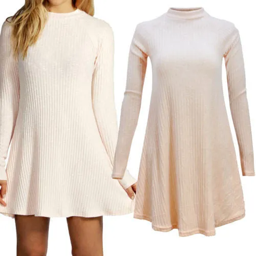 Women's Fashion Knit Ribbed Scoop A-Line Long Sleeve Long Sweater