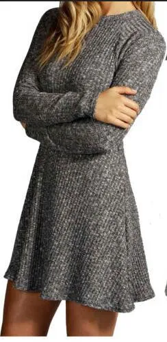 Women's Fashion Knit Ribbed Scoop A-Line Long Sleeve Long Sweater