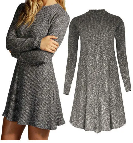 Women's Fashion Knit Ribbed Scoop A-Line Long Sleeve Long Sweater