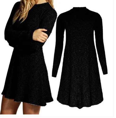 Women's Fashion Knit Ribbed Scoop A-Line Long Sleeve Long Sweater