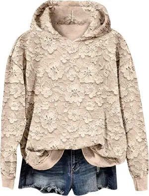 Women's Floral Lace Printed Hoodies Oversized Long Sleeve Pullover Sweatshirt Soft Fall Winter Athleisure Outfits