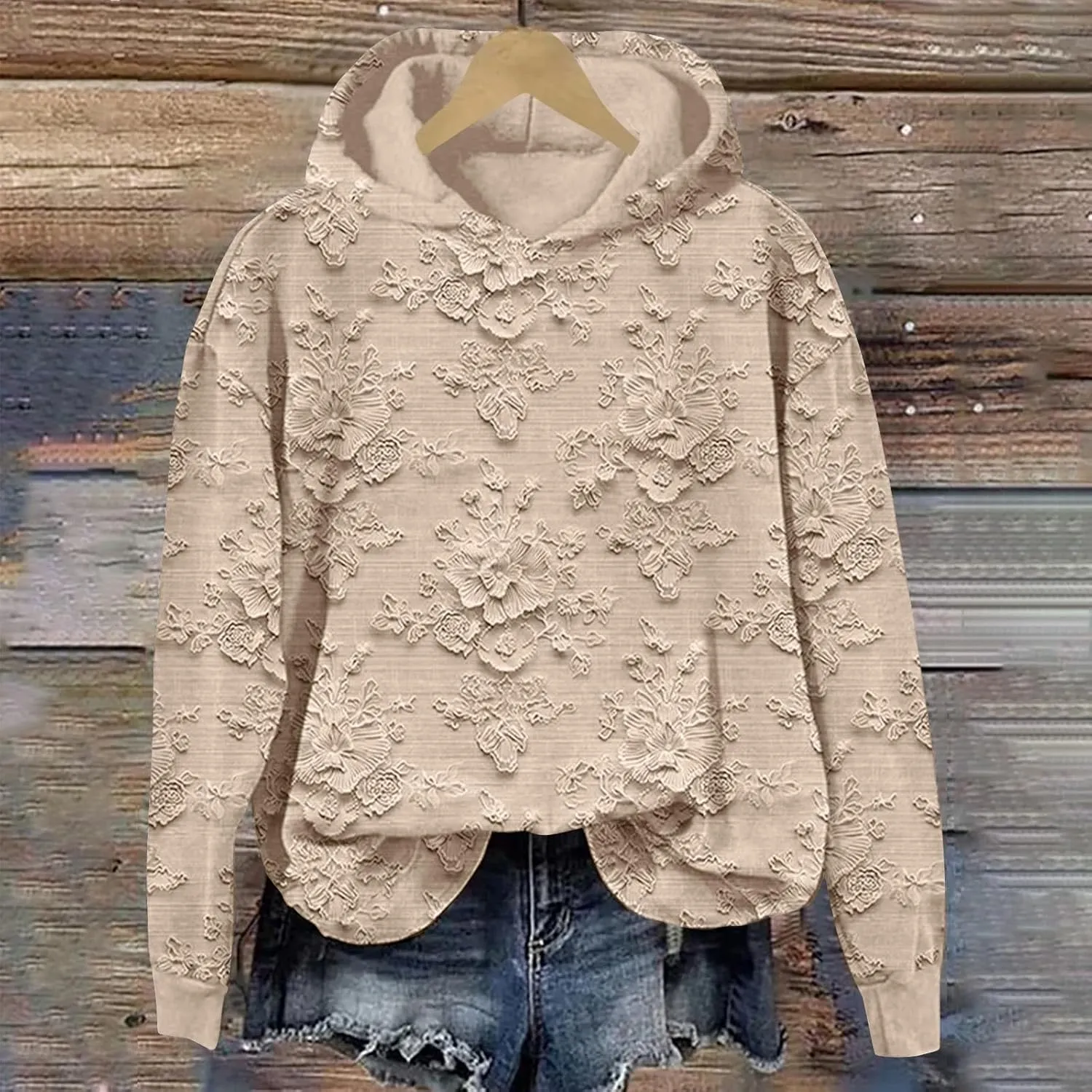 Women's Floral Lace Printed Hoodies Oversized Long Sleeve Pullover Sweatshirt Soft Fall Winter Athleisure Outfits