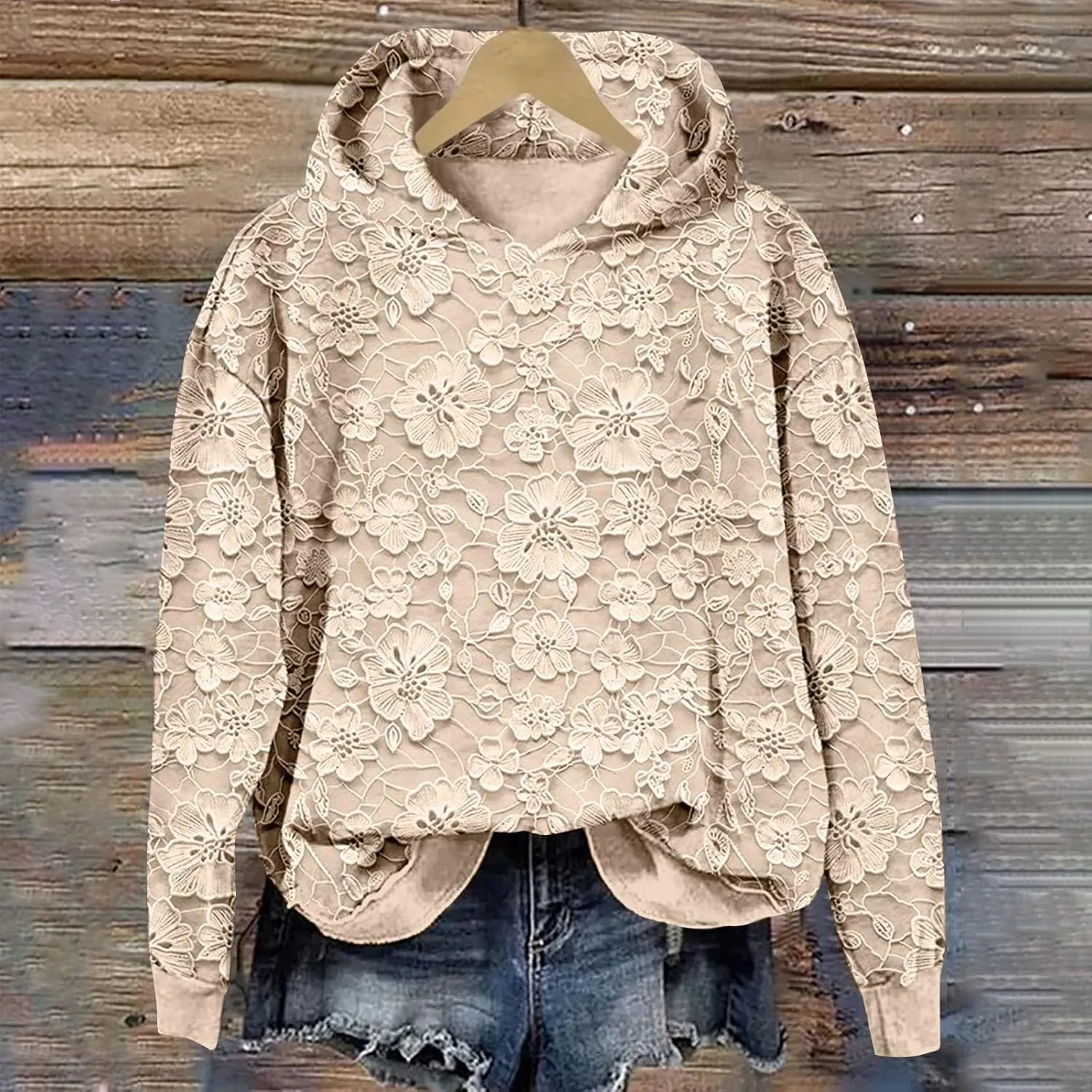 Women's Floral Lace Printed Hoodies Oversized Long Sleeve Pullover Sweatshirt Soft Fall Winter Athleisure Outfits