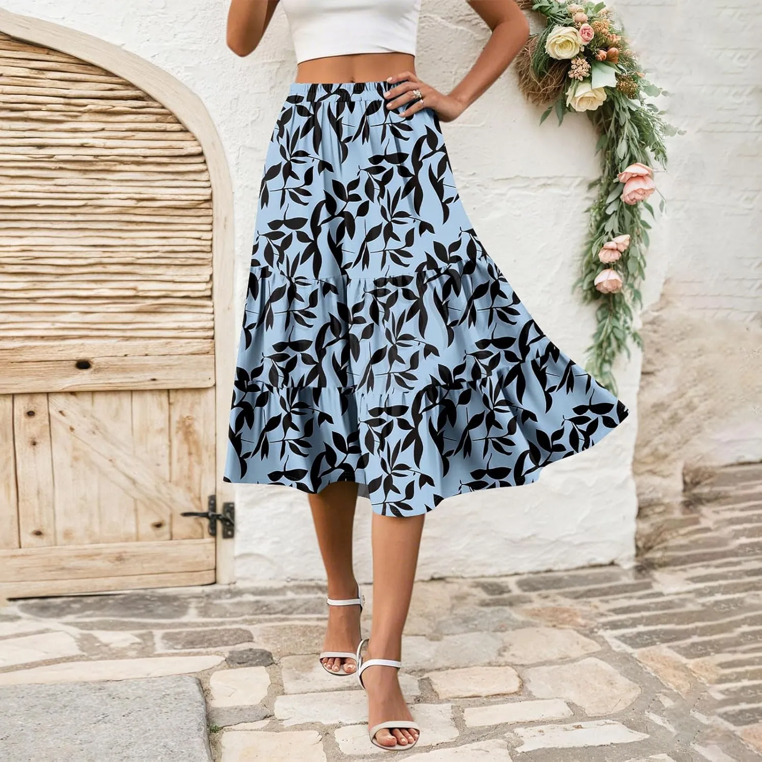 Womens Floral Print Midi Skirts 2025 Summer Casual Aline Elastic High Waisted Pleated Flowy Long Skirt with Pockets