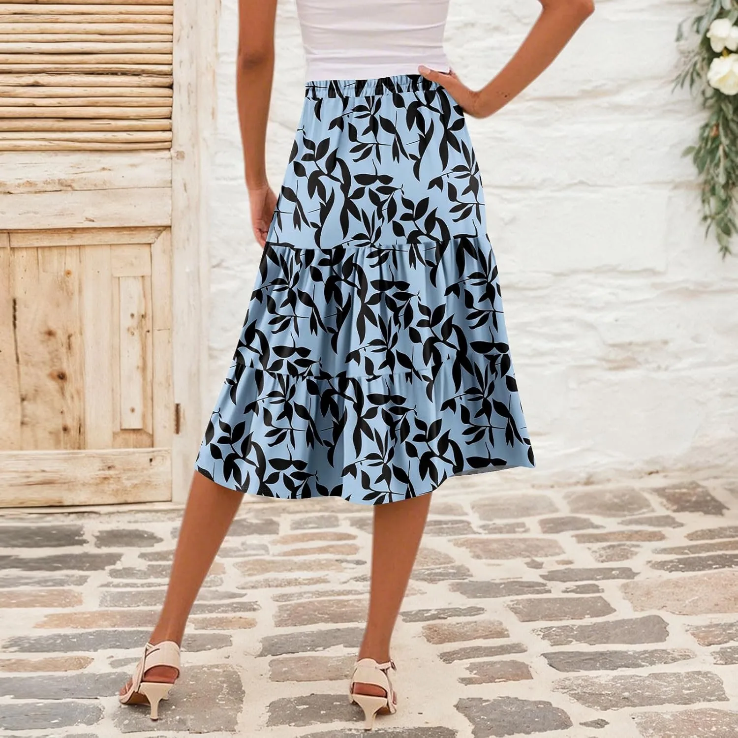 Womens Floral Print Midi Skirts 2025 Summer Casual Aline Elastic High Waisted Pleated Flowy Long Skirt with Pockets