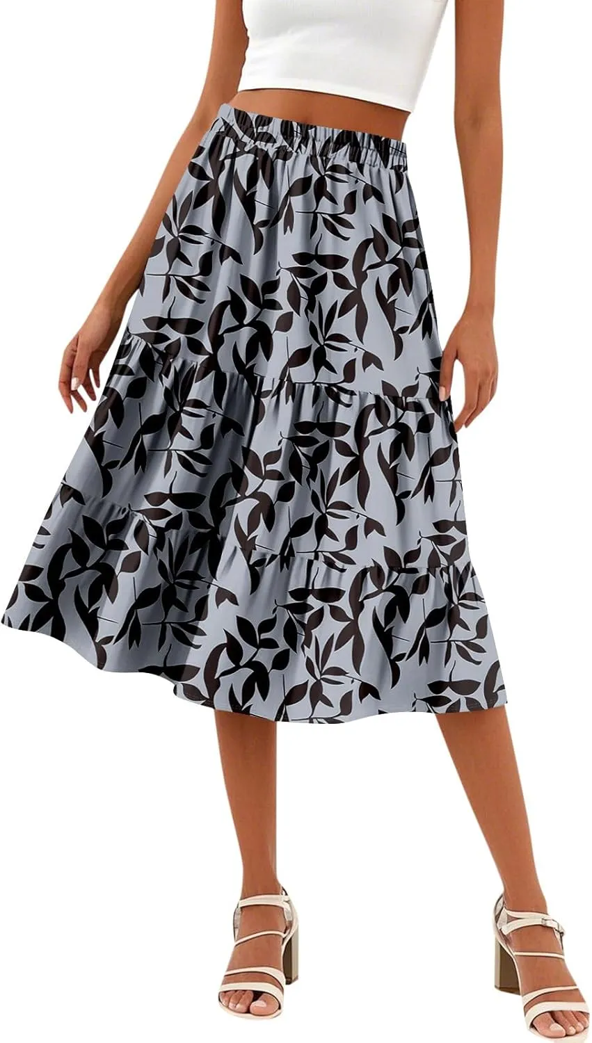 Womens Floral Print Midi Skirts 2025 Summer Casual Aline Elastic High Waisted Pleated Flowy Long Skirt with Pockets
