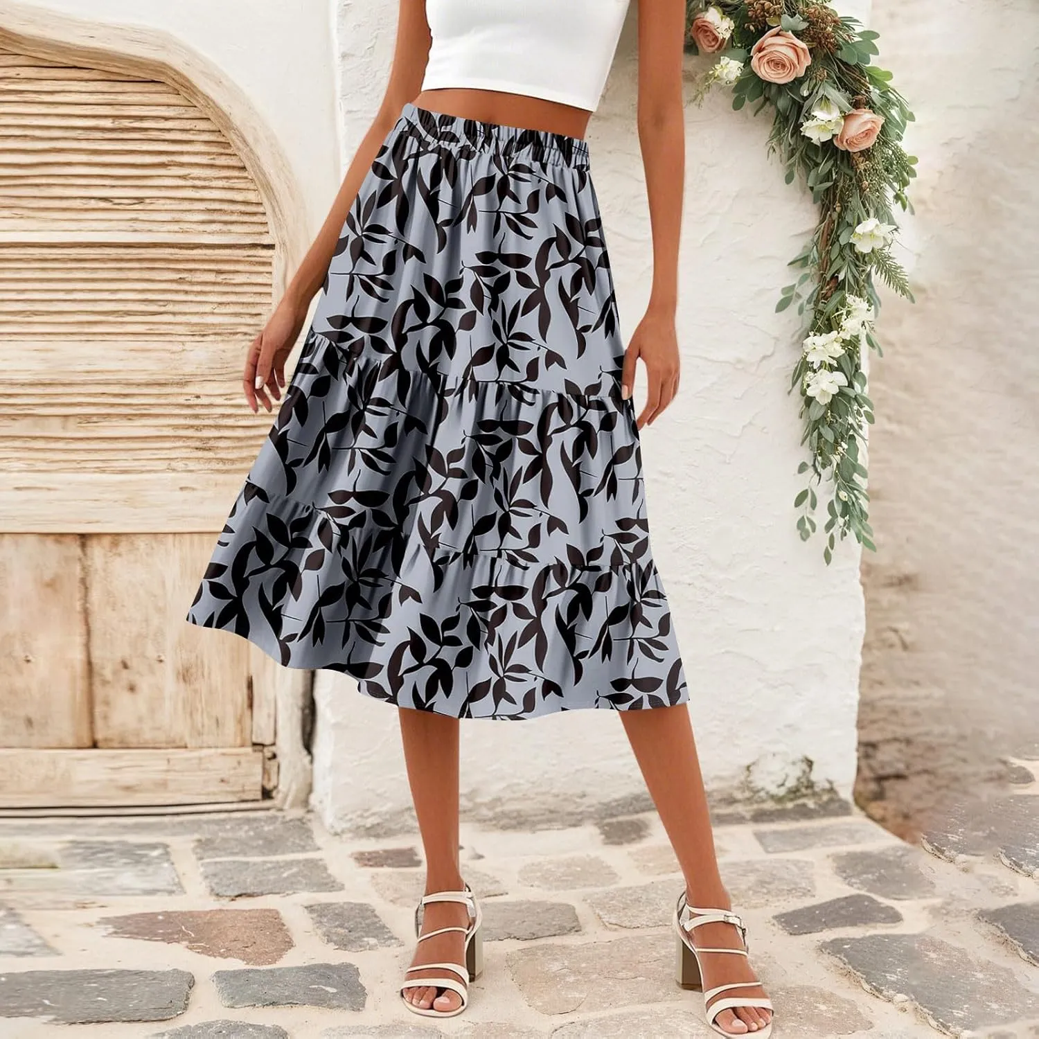 Womens Floral Print Midi Skirts 2025 Summer Casual Aline Elastic High Waisted Pleated Flowy Long Skirt with Pockets