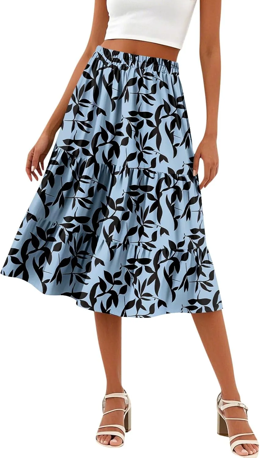 Womens Floral Print Midi Skirts 2025 Summer Casual Aline Elastic High Waisted Pleated Flowy Long Skirt with Pockets