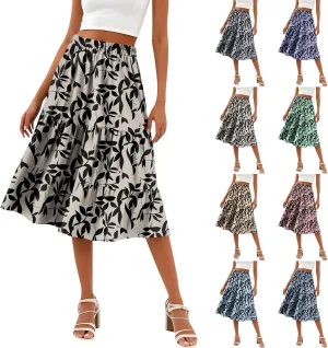 Womens Floral Print Midi Skirts 2025 Summer Casual Aline Elastic High Waisted Pleated Flowy Long Skirt with Pockets
