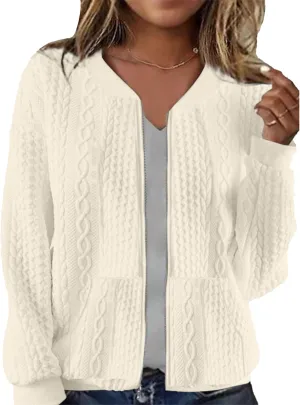 Womens Full Zip Up Cardigan Sweater Casual Solid Long Sleeve Sweatshirt Coat with Pocket