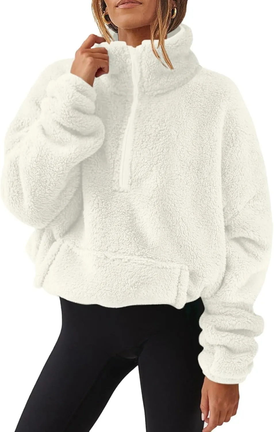 Womens Half Zip Sweatshirt Sherpa Hoodie Quarter Zip Pullover Fuzzy Sweater with Pocket Comfy Warm Winter Clothes