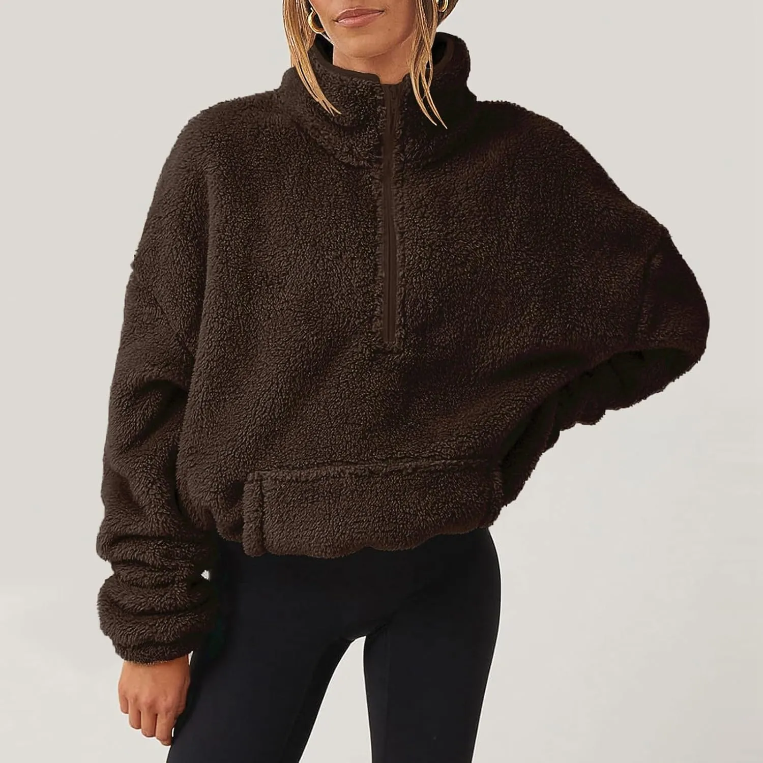 Womens Half Zip Sweatshirt Sherpa Hoodie Quarter Zip Pullover Fuzzy Sweater with Pocket Comfy Warm Winter Clothes