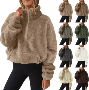 Womens Half Zip Sweatshirt Sherpa Hoodie Quarter Zip Pullover Fuzzy Sweater with Pocket Comfy Warm Winter Clothes
