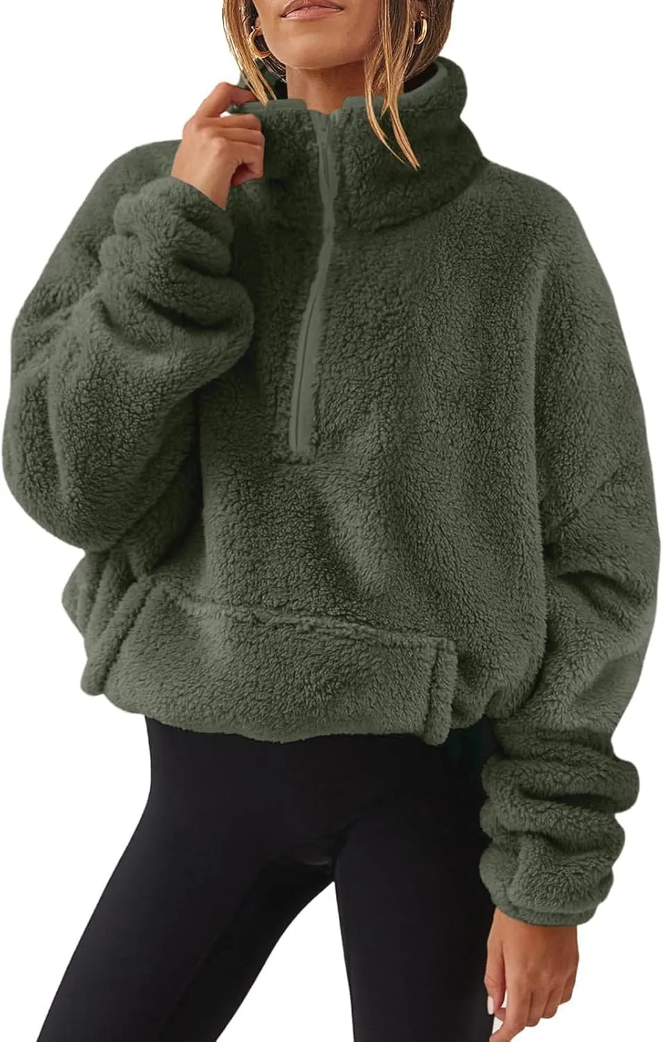 Womens Half Zip Sweatshirt Sherpa Hoodie Quarter Zip Pullover Fuzzy Sweater with Pocket Comfy Warm Winter Clothes