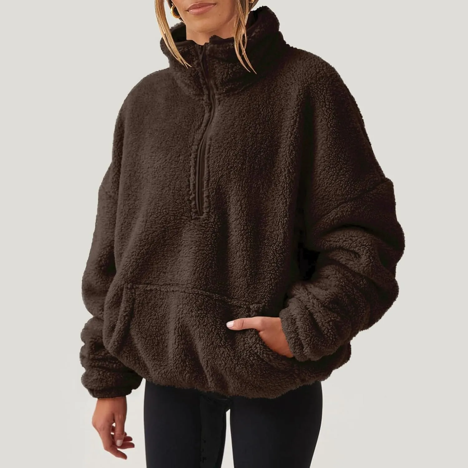 Womens Half Zip Sweatshirt Sherpa Hoodie Quarter Zip Pullover Fuzzy Sweater with Pocket Comfy Warm Winter Clothes